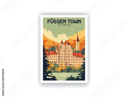 Füssen Town, Germany. Vintage Travel Posters. Vector illustration. Famous Tourist Destinations Posters Art Prints Wall Art and Print Set Abstract Travel for Hikers Campers Living Room Decor