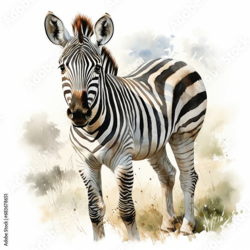 Zebra Watercolor Illustration isolated background. Generative AI 