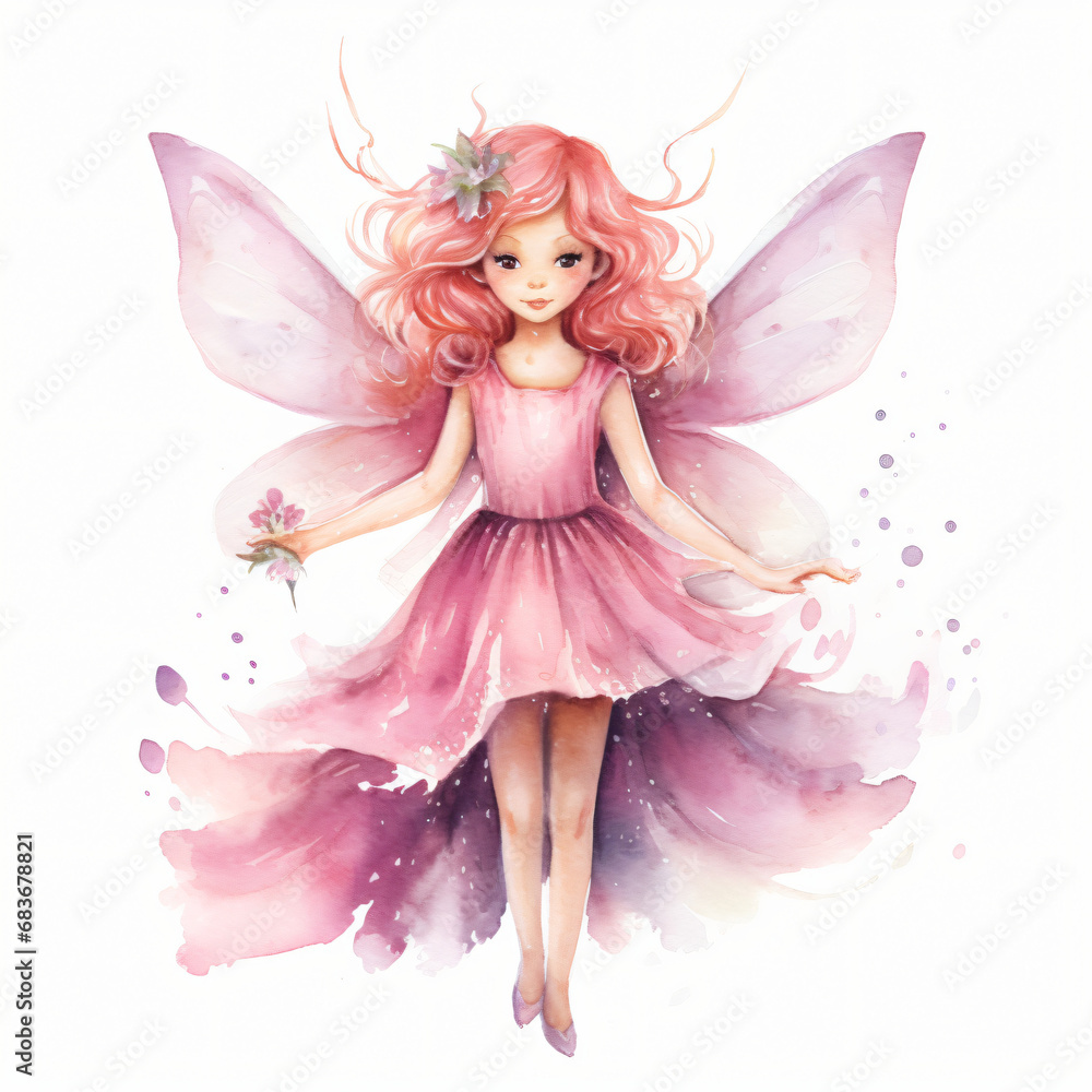 Watercolour Pink Fairy isolated on white background