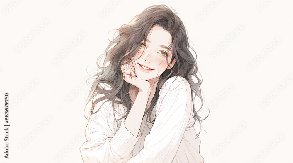 微笑んで頬杖をつく綺麗な女性のイラスト 微笑んで頬杖をつく綺麗な女性のイラスト