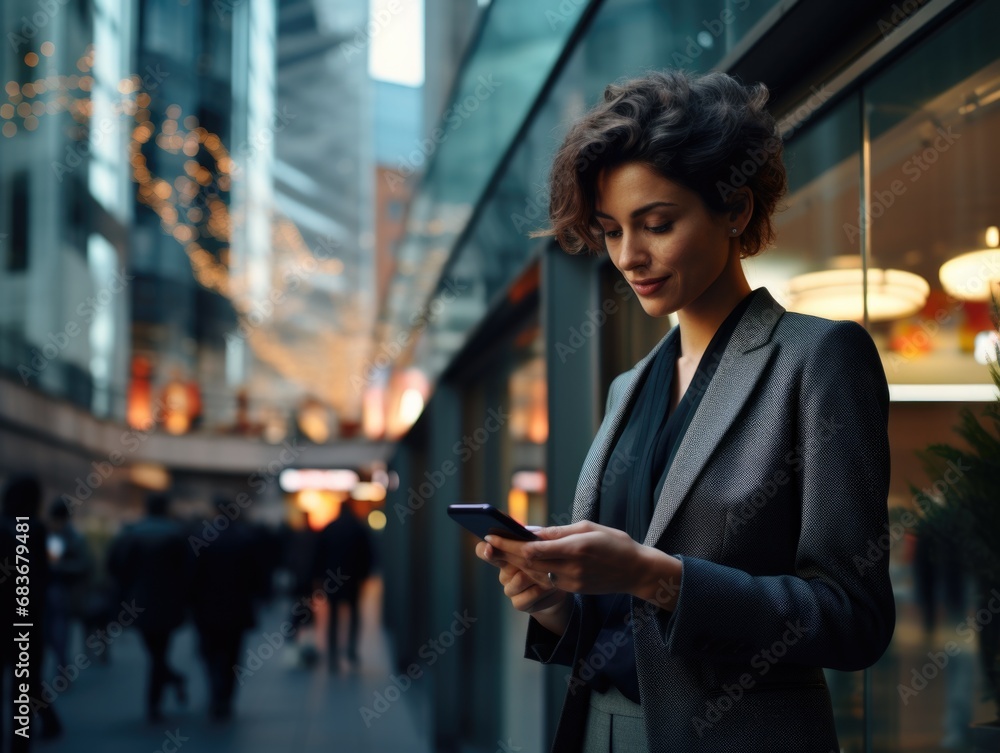 Fototapeta premium A young business lady uses a smartphone while in the business district of the city against the backdrop of high-rise buildings. Successful young woman, businesswoman.