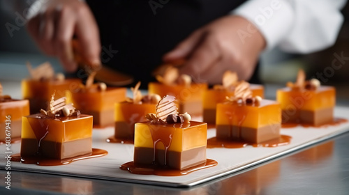 Professional cook arranging caramel dessert pastry