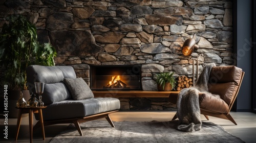 Sofa and chair by fireplace in wild stone cladding wall.