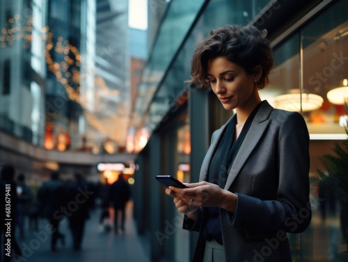 A young business lady uses a smartphone while in the business district of the city against the backdrop of high-rise buildings. Successful young woman  businesswoman.