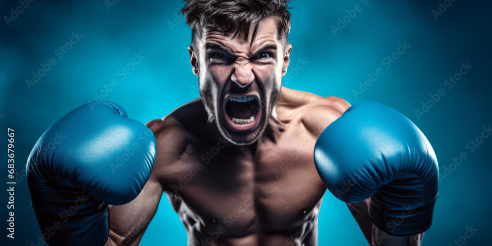 Determined Boxer Throwing Punch in Blue Studio