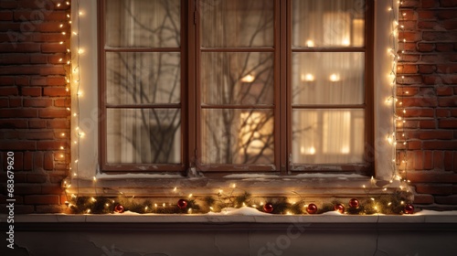 Urban christmas veneer decorations. christmas wreath lights up on window house. festive lighting of city lanes. modern year s stylistic layout