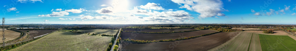 Aerial Ultra Wide Panoramic View of Countryside Landscape and Agricultural Farms of Letchworth Garden City of England UK