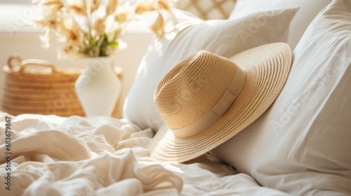 Straw hat on pillows. Close up of bed with white bedding.