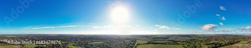 Aerial Ultra Wide Panoramic View of Countryside Landscape and Agricultural Farms of Letchworth Garden City of England UK © Nasim