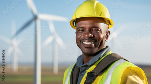 Headshot of male worker in safety helmet smiling in landscape filled with wind turbines