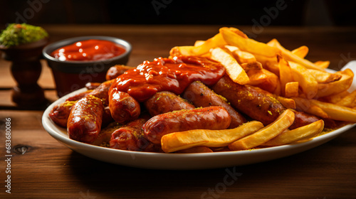 Plate with sausage and chips curry worst with sauce