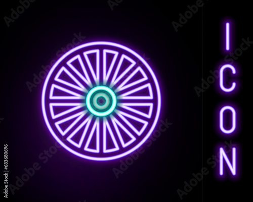 Fototapeta Naklejka Na Ścianę i Meble -  Glowing neon line Alloy wheel for a car icon isolated on black background. Colorful outline concept. Vector