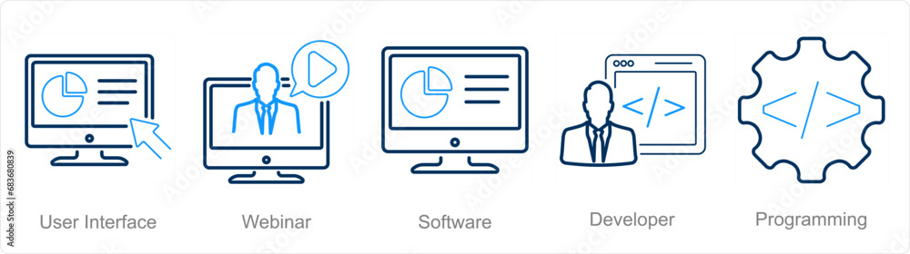 A set of 5 Internet Computer icons as user interface, webinar, software A set of 5 Internet Computer icons as user interface, webinar, software