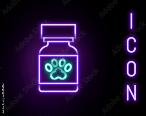 Glowing neon line Medicine bottle and pills icon isolated on black background. Container with pills. Prescription medicine for animal. Colorful outline concept. Vector