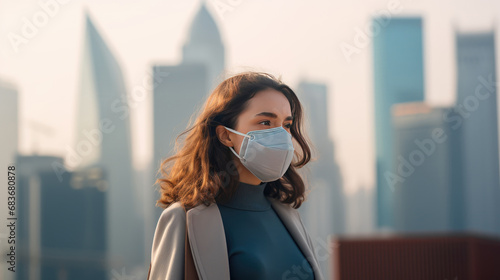 Woman using a mask to protect herself from air pollution against the backdrop of tall buildings shrouded in thick fog