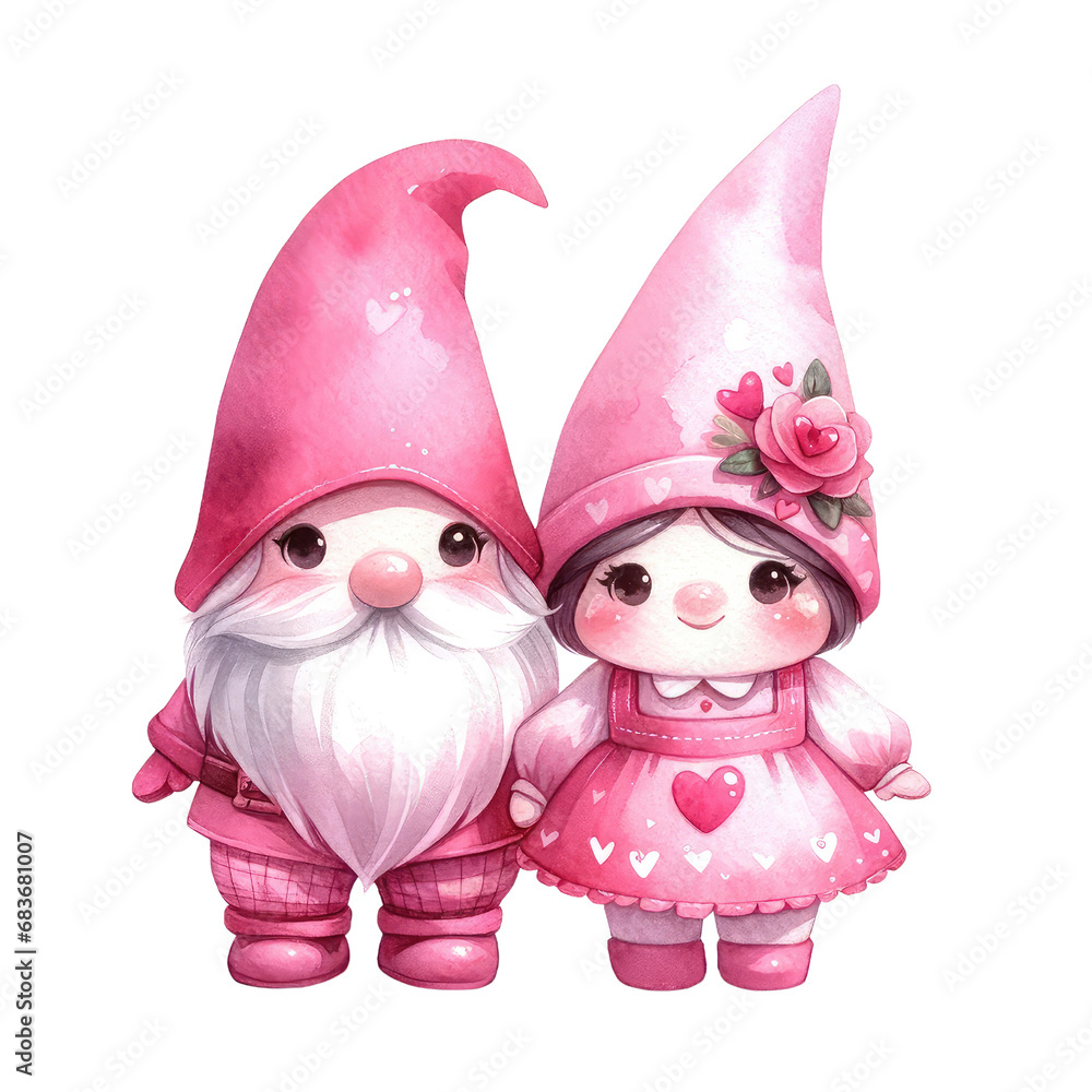 Watercolor gnomes couple, Valentines day illustration Vector illustration of couple of Gnomes love pink color