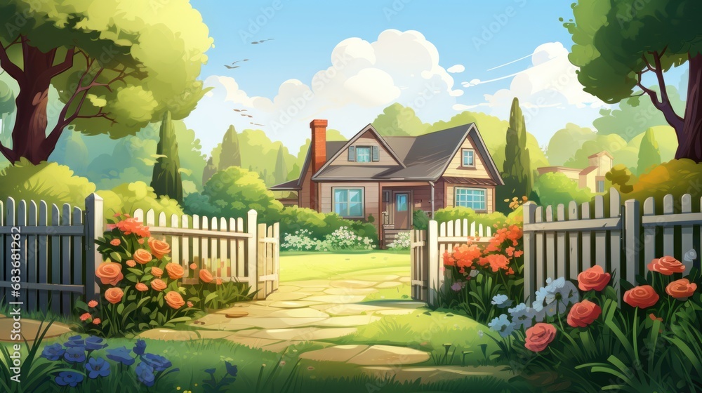 House/ Cartoon house illustration in spring or summer With backyard and fence