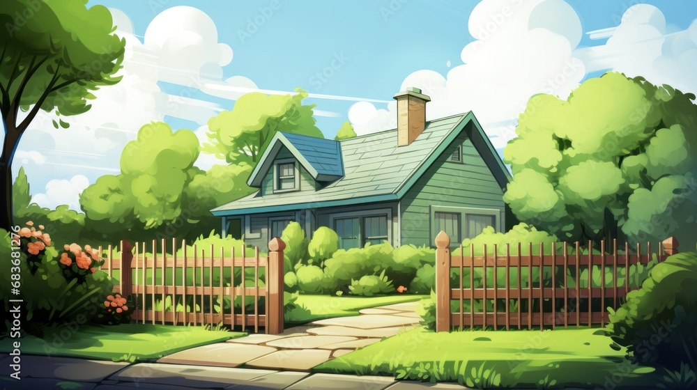 House/ Cartoon house illustration in spring or summer With backyard and fence