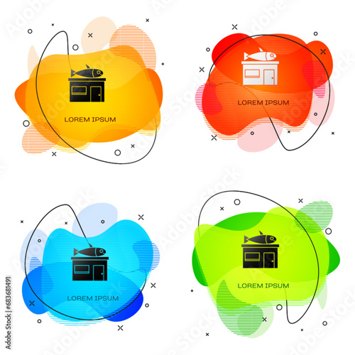 Black Seafood store icon isolated on white background. Facade of seafood market. Abstract banner with liquid shapes. Vector.