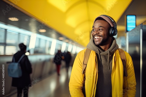 Urban beat: Feel the rhythm of city life with this cheerful young man enjoying his tunes. photo