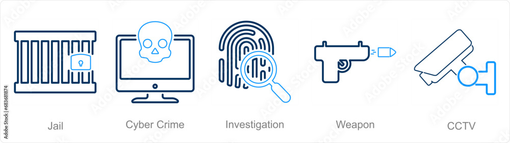 A set of 5 Justice icons as jail, cyber crime, investigation A set of 5 Justice icons as jail, cyber crime, investigation