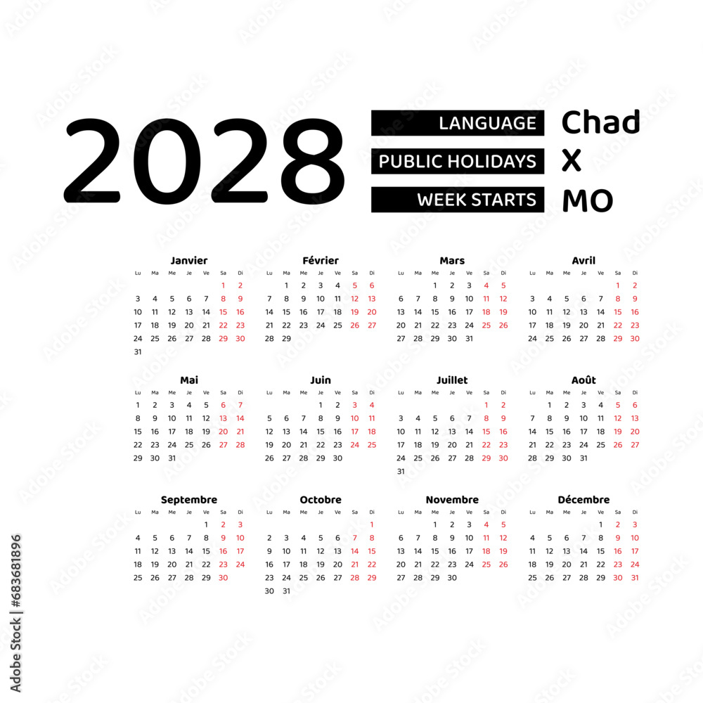 Calendar 2028 French language with Chad public holidays. Week starts from Monday. Graphic design vector illustration.