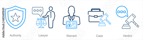 A set of 5 Justice icons as authority, lawyer, warrant
