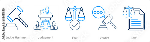 A set of 5 Justice icons as judge hammer, judgement, fair 