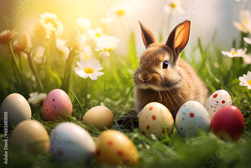 
Fluffy cute Easter rabbit sitting among flowers and colourful Easter eggs.
Easter Bunny Rabbit, amidst a Field of Painted Eggs, Embrace the Magic of Springtime in this Whimsical Easter Scene. 