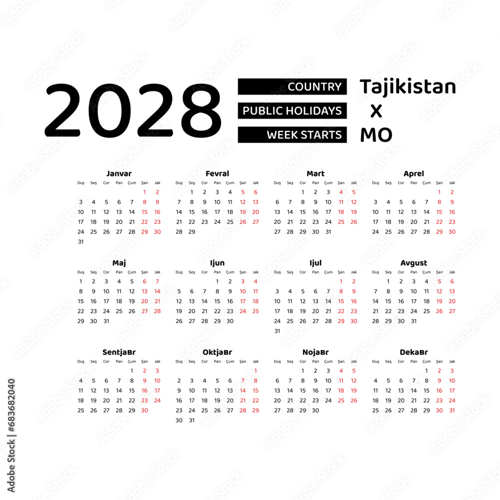 Calendar 2028 Tajik language with Tajikistan public holidays. Week starts from Monday. Graphic design vector illustration. Calendar 2028 Tajik language with Tajikistan public holidays. Week starts from Monday. Graphic design vector illustration.