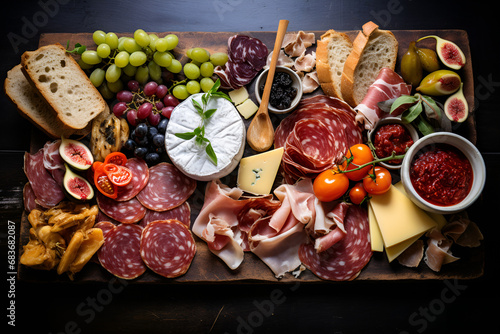 User Charcuterie board filled with cheeses, thinly sliced cured meats, nuts, olives and other foods presented as an appetizer. Charcuterie and cheese platter. Trendy snack platter on dark background