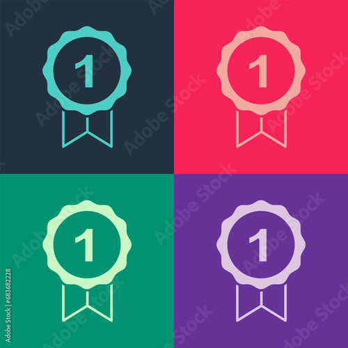 Pop art Dog award symbol icon isolated on color background. Medal with dog footprint as pets exhibition winner concept. Vector