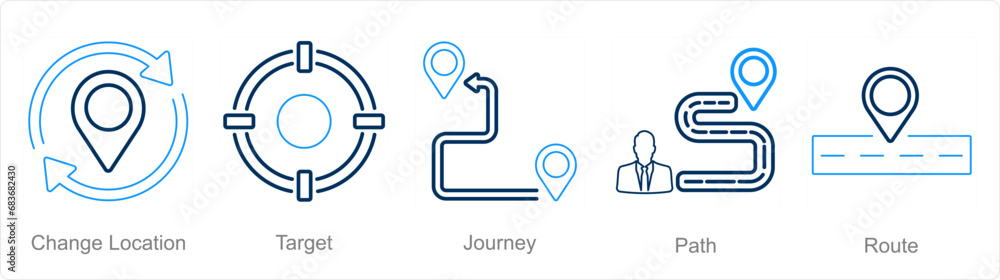 A set of 5 Location icons as change location, target, journey A set of 5 Location icons as change location, target, journey