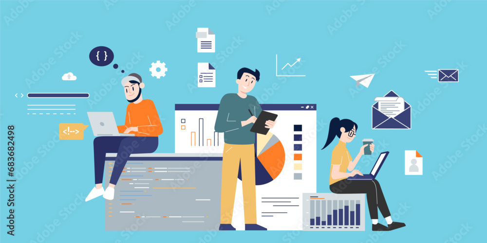 business people working with graphs and charts and coding illustration business people working with graphs and charts and coding illustration