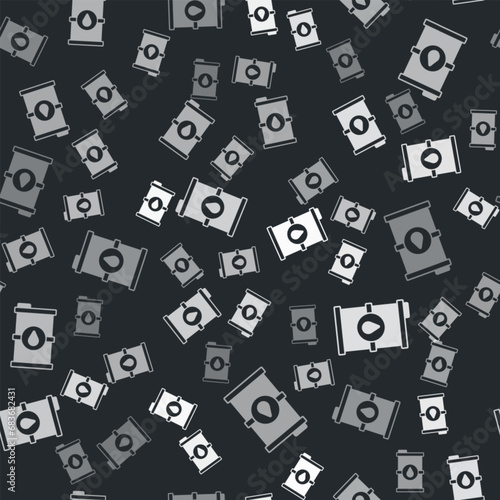 Grey Bio fuel barrel icon isolated seamless pattern on black background. Eco bio and canister. Green environment and recycle. Vector