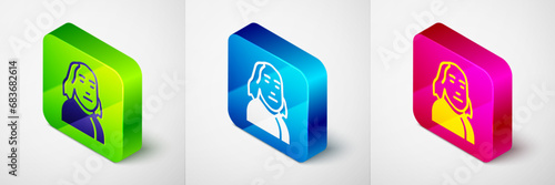 Isometric Benjamin Franklin icon isolated on grey background. Square button. Vector