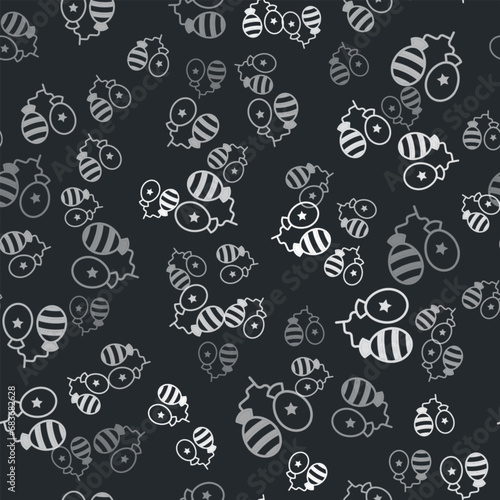 Grey Balloons with ribbon icon isolated seamless pattern on black background. Happy Easter. Vector