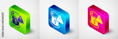 Isometric Drop in crude oil price icon isolated on grey background. Oil industry crisis concept. Square button. Vector