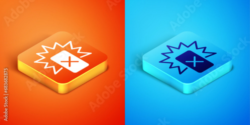 Isometric Red card football icon isolated on orange and blue background. Referee card. Vector