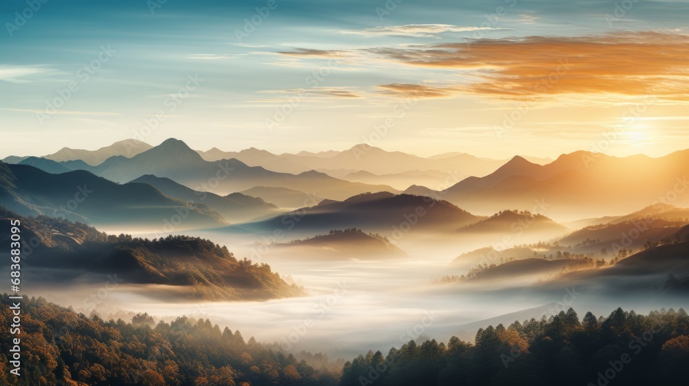 Tranquil Dawn: Panoramic Sunrise over Mist-Enshrouded Mountains