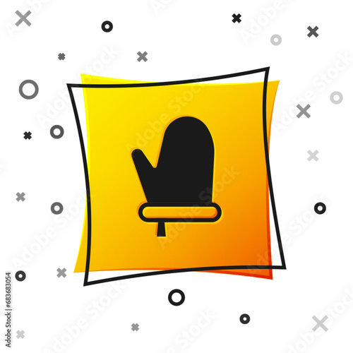 Black Oven glove icon isolated on white background. Kitchen potholder sign. Cooking glove. Yellow square button. Vector