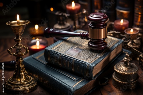 Symbols of Justice: Gavel on Antique Law Books in Candlelit Ambience