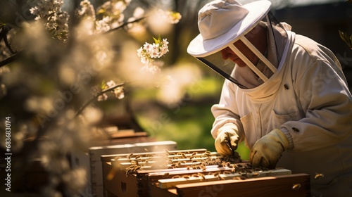Portrait of a beekeeper, apiary in spring, natural beekeeping photo