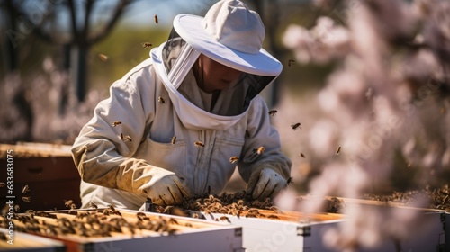 Beekeeper at Work in Springtime Apiary: Sustainable Beekeeping Practices