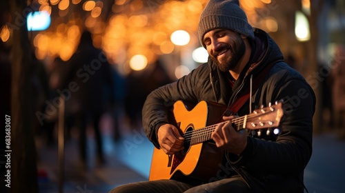 Twilight Strings: Urban Street Musician Serenades City with Acoustic Guitar