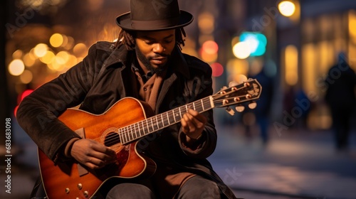 Evening Serenade: Street Musician with Guitar Against City Lights