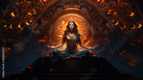 goddess woman meditating in a lotus pose surrounded light, on abstract background photo