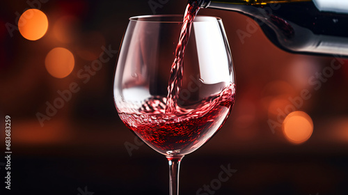 Pouring red wine into glass from bottle. Blurred background