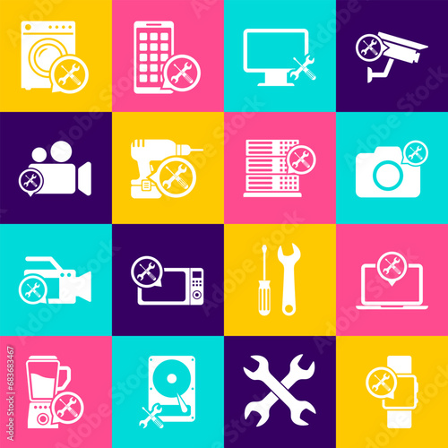 Set Smartwatch service, Laptop, Photo camera, Computer monitor, Drill machine, Video, Washer and Database server icon. Vector