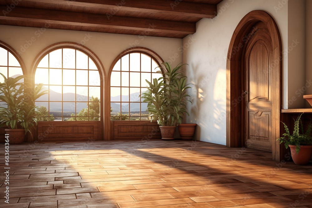 Interior of a living room with wooden floor, plants, designed window and gate. Created with Ai